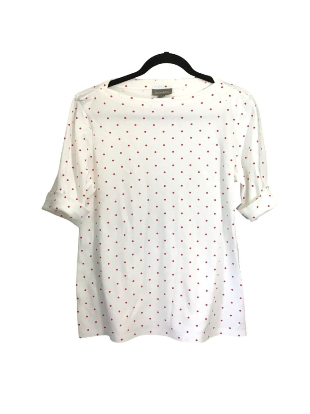 STYLE & CO. WOMENS WHITE /RED POLKA DOTS 1/2 SLEEVE TOP SIZE LARGE